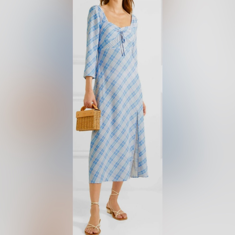 Rixo Giselle Midi Dress Checkered Blue White Open Back Long Sleeves Size L NWT